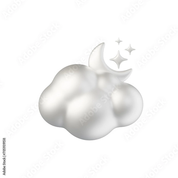 Fototapeta cloud crescent moon star silver white material 3d rendered weather icon for ui design or web banner transparent background