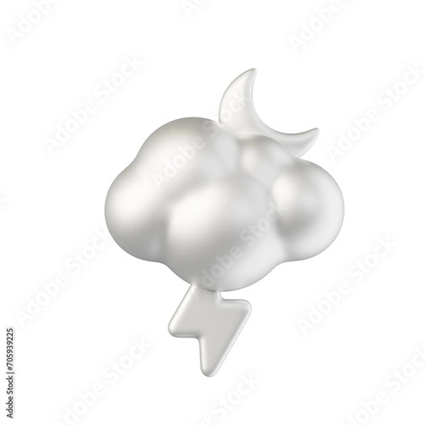 Fototapeta cloud crescent moon lightning silver white material 3d rendered weather icon for ui design or web banner transparent background