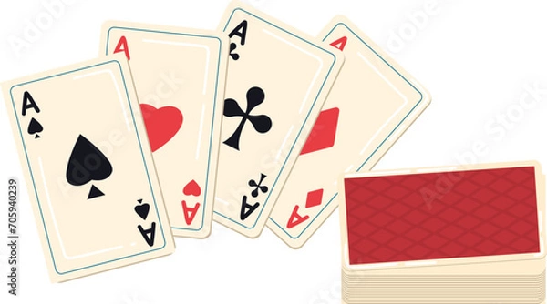 Fototapeta Ace cards of all suits with red back design. Cards depicting aces of spades, hearts, clubs, and diamonds vector illustration.