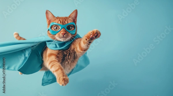 Obraz Kot superbohatera, urocza pomarańczowa kotka Tabby z niebieskim płaszczem i maską skaczącą oraz latając na jasnoniebieskim tle z przestrzenią kopiowania. Koncepcja superbohatera, Super Cat, Lider, Funny Animal Studio Shot.