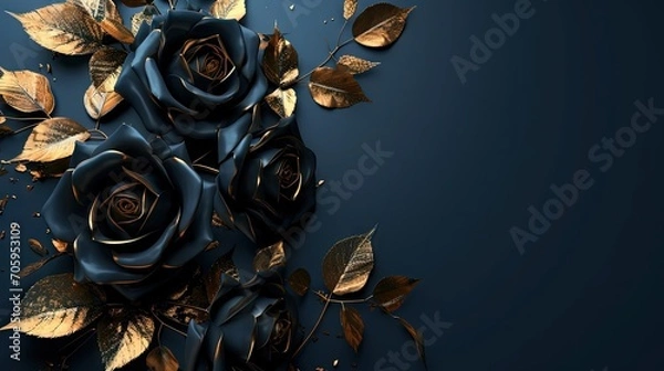 Fototapeta dark blue roses with gold leaves on solid dark background - valentine's day card design background element with copy space - generative ai