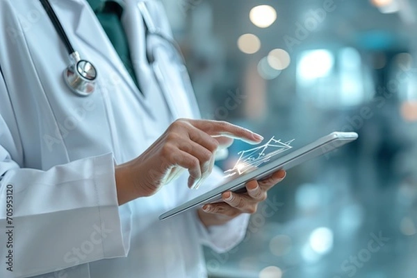 Fototapeta Digital Healthcare Innovation - Doctor Using Tablet for Patient Data Entry - Medical Technology - Health Data Network - Generative AI