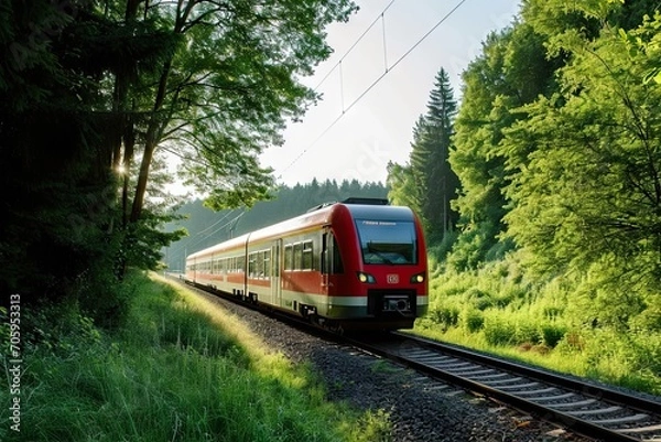 Fototapeta Sustainable Train Travel - Eco-Friendly Public Transit - Journey Through Nature - Generative AI
