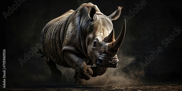 Obraz rhino running in the dust on black background