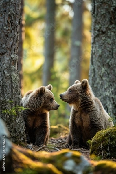 Obraz two bears in a forest setting looking at each other