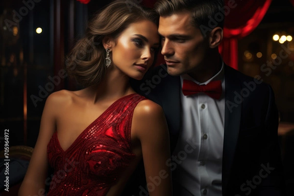 Fototapeta Amidst the rich tapestry of a New Year's celebration, the "Retro yet timeless" trend takes center stage, with guests immersed in the grace and refinement. Generative Ai.