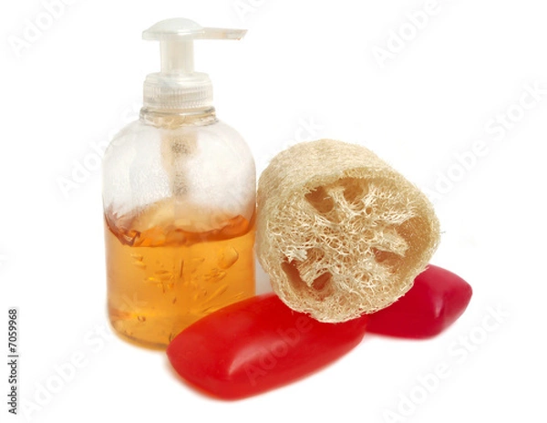 Fototapeta Soap and loofah sponge with body lotion