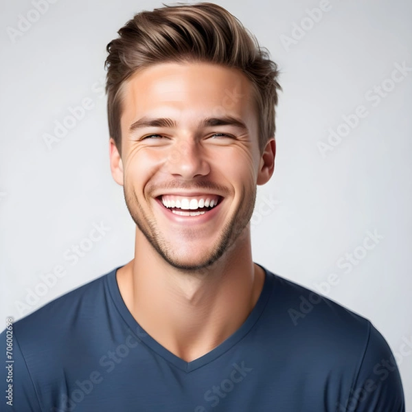 Fototapeta A professional portrait studio photo of a handsome young white american man model with perfect clean teeth laughing and smiling. isolated on white background. for ads and web design.