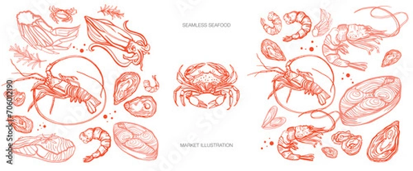 Fototapeta Isolated vector seamless set of seafood. Shrimps, langoustines, prawns, salmon, trout, oysters, mussels, squid, crab, lemon.Hand-drawn seafood delicacy, restaurant and marine cafe menu.
