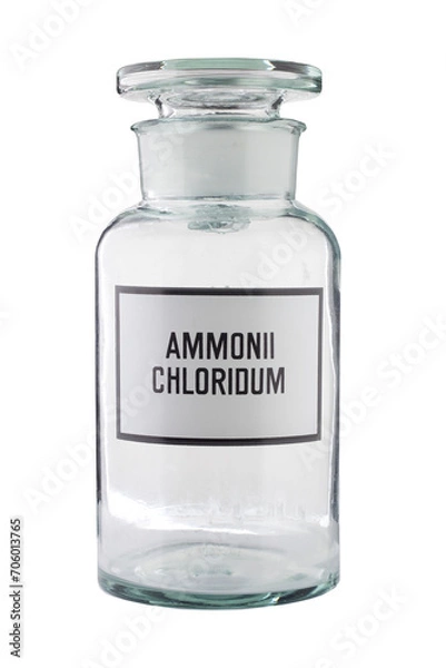 Obraz Transparent medical vial with ammonium chloride on a white background