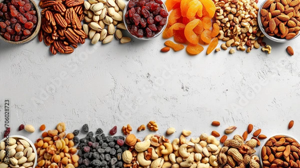 Fototapeta Different dried fruits and nuts on white background