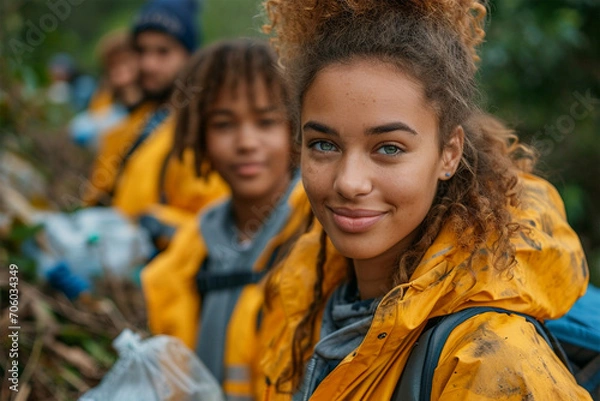 Fototapeta A diverse group of young people and volunteers clean up garbage in nature