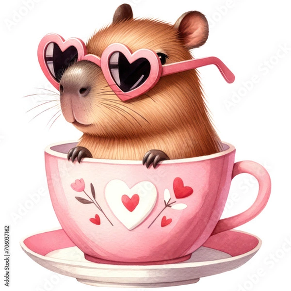Obraz Cute Capybara wearing Heart-Shaped Sunglasses in a Teacup, Happy Valentine Baby Animal in a Cup, Love and Red Heart Concept, Watercolor, Isolated on Transparent Background. Generative AI 