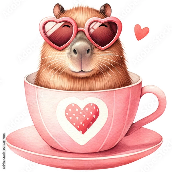 Fototapeta Cute Capybara wearing Heart-Shaped Sunglasses in a Teacup, Happy Valentine Baby Animal in a Cup, Love and Red Heart Concept, Watercolor, Isolated on Transparent Background. Generative AI 