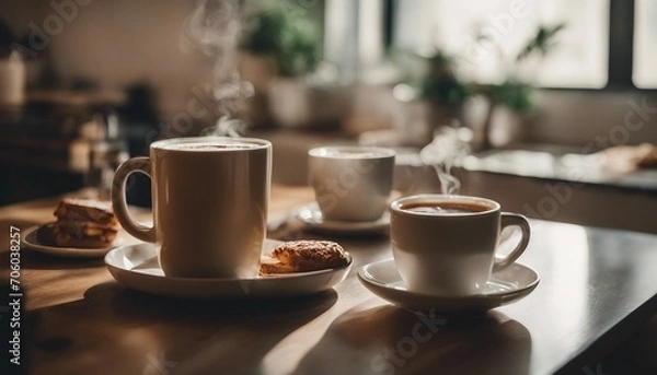 Fototapeta cups of coffee on a wooden table in a cafe or restaurant