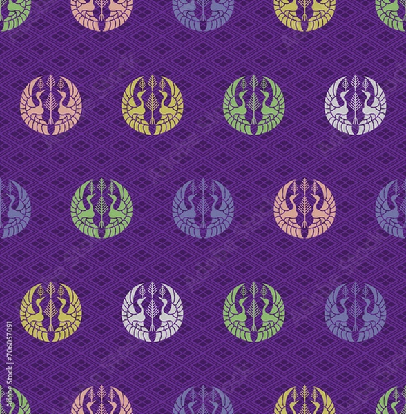 Obraz 紫の四菱_有職文様向松喰鶴丸（むかいまつくいつるまる）五色_シームレスパターン
