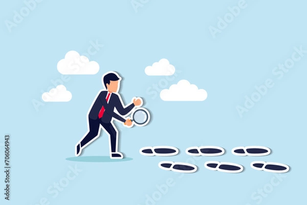 Fototapeta Business success footprint, aim high growth and surpass with bigger steps or career path or working skill development concept, smart businessman using magnifying glass investigating bigger foot steps.