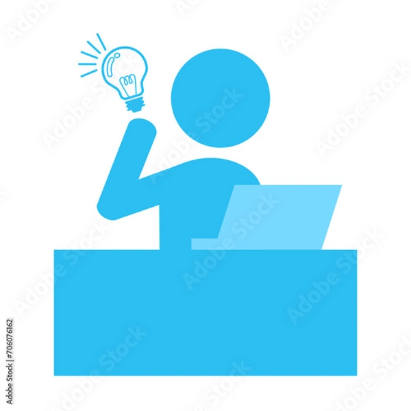 Fototapeta パソコンの前でデスク作業をする人がひらめくイラスト素材