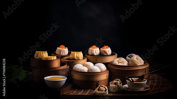 Fototapeta Prawn shrimp shaomai dim sum dumpling in bamboo steamer, Dim sum with shrimp on wooden plate on dark stone table macro close up