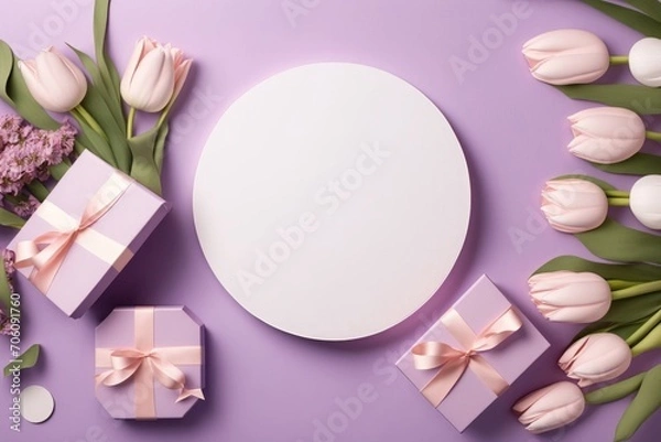 Fototapeta Mother's Day love concept. Top view flat lay of pink present boxes with ribbon, tulip flowers on a soft pastel purple background with empty circle for, Generative AI 