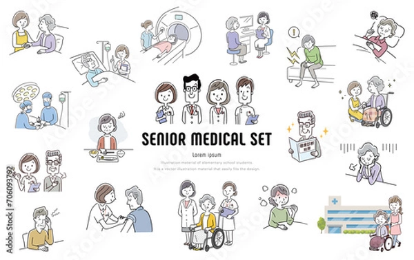 Fototapeta ベクターイラスト素材：医療に関係するシニア人物セット