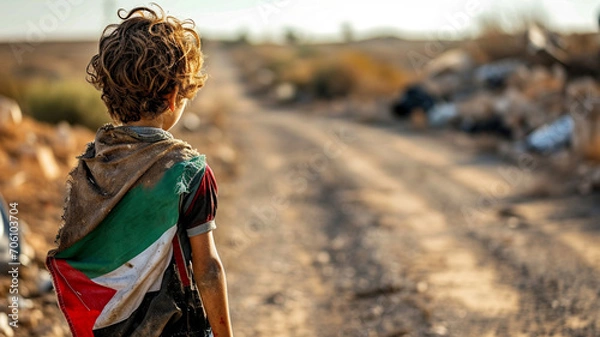 Obraz Deserted palestinian kid with flag 