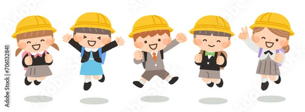 Obraz 入学式を迎えたジャンプをする子供たちのイラスト素材