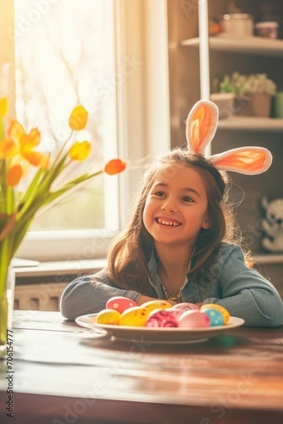 Fototapeta A girl with rabbit ears at Easter at a table with colored eggs