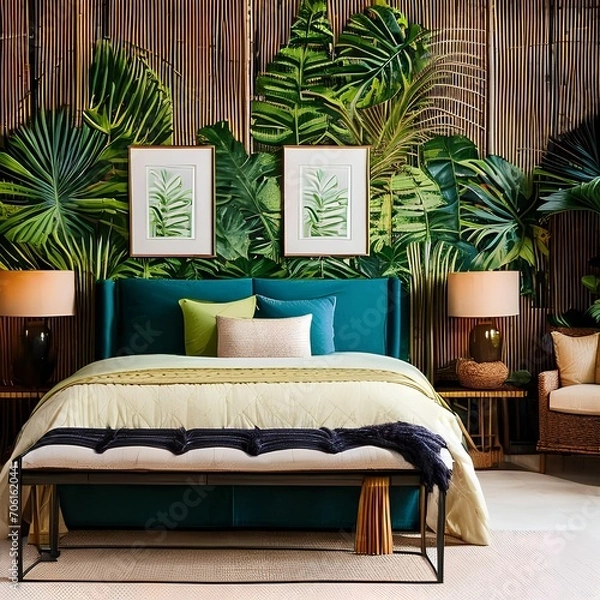 Fototapeta A tropical-themed bedroom with palm leaf prints, bamboo furniture, and a rattan rug5