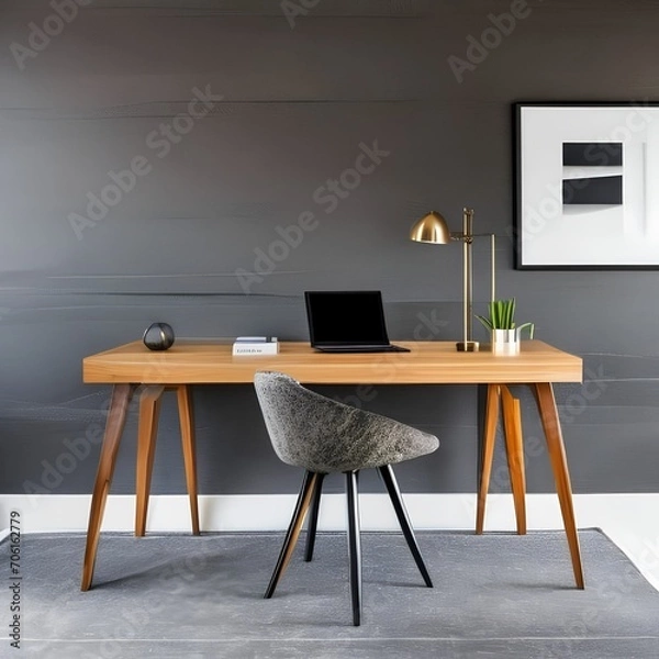 Fototapeta A contemporary home office with a minimalist desk, ergonomic chair, and abstract art on the walls3