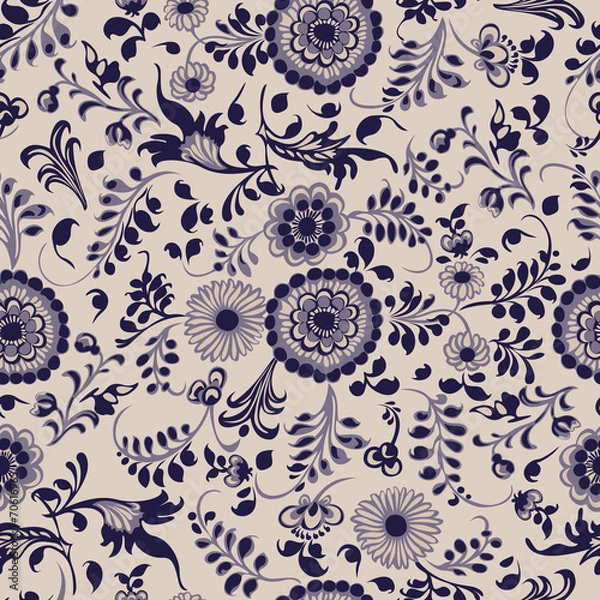 Fototapeta Seamless pattern, floral decorative elements in gzhel style
