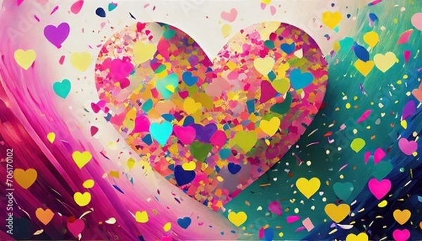 Obraz  a heart-shaped confetti background. Use a festive color palette and dynamic arrangements to convey a sense of celebration.