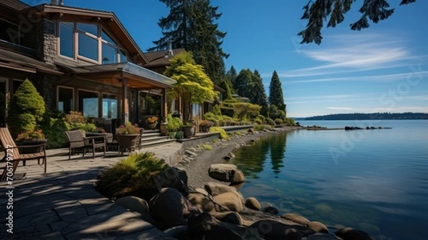 Fototapeta Magnificent waterfront home with ocean or lake views, expansive deck, front porch