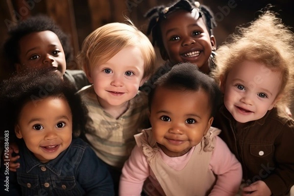 Fototapeta Diverse group of smiling toddlers in warm indoor setting. Childhood innocence and diversity.
