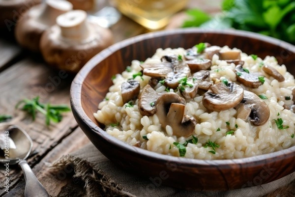 Fototapeta Creamy Risotto with Sautéed Mushrooms and Thyme in a Bowl