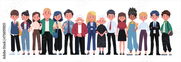 Fototapeta Group of diverse people smiling happily on white background.