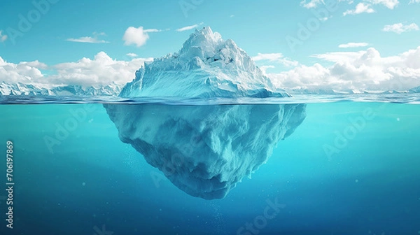 Fototapeta Iceberg in clear blue water and hidden danger under water. Iceberg - Hidden Danger And Global Warming Concept. Floating ice in ocean. Copyspace for text and design. Made with generative ai