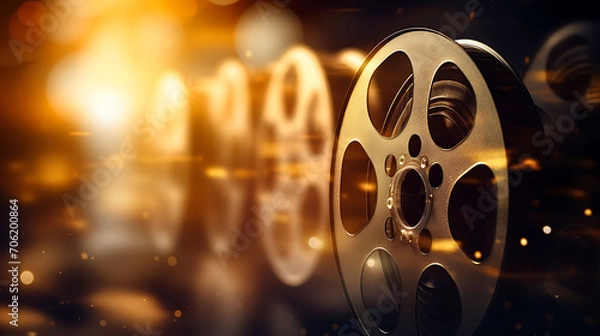 Fototapeta Old cinema film reels with bokeh background.