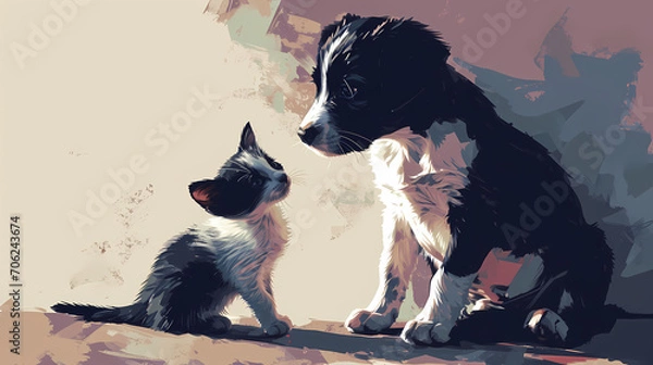 Obraz Illustration of Puppy and Kitten Encounter