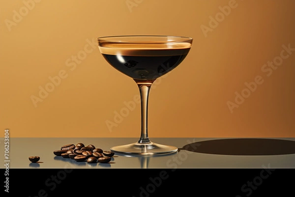 Fototapeta An artistically rendered depiction of a minimalist espresso martini cocktail in a sleek glass, with a single coffee bean as garnish, creating a visually rich.