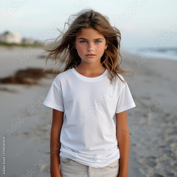 Fototapeta girl in a white T-shirt with a place for your logo or design standing against the background of a deserted beach, in the style of minimalistic sophistication