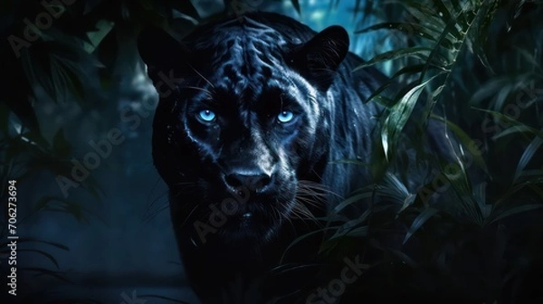 Fototapeta A black panther with blue eyes
