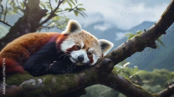 Obraz A red panda lying on a tree branch
