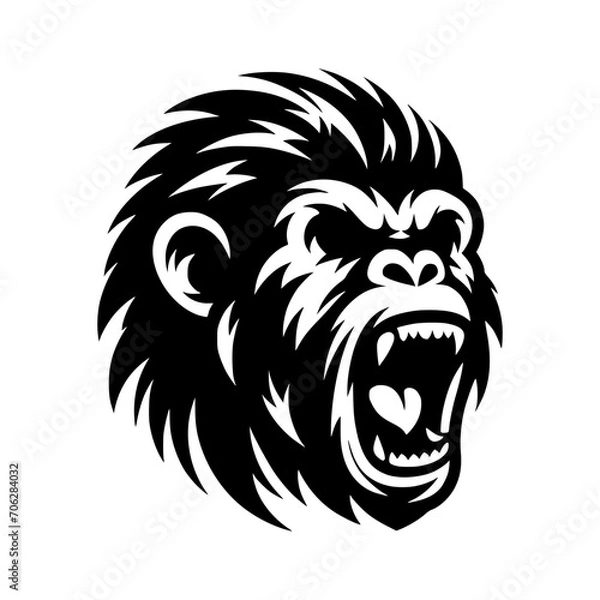 Fototapeta Vector logo of a raging gorilla. Professional logo of a chimpanzee. Black and white logo of an ape isolated on a white background.