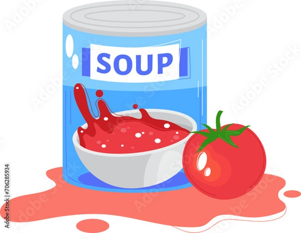 Fototapeta Spilled tomato soup bowl next to a fresh tomato and a can labeled SOUP. Food spill accident concept. Kitchen mess, cooking ingredients vector illustration.