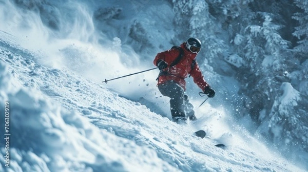 Fototapeta A man is skiing down a snow covered slope. Perfect for winter sports and outdoor activities
