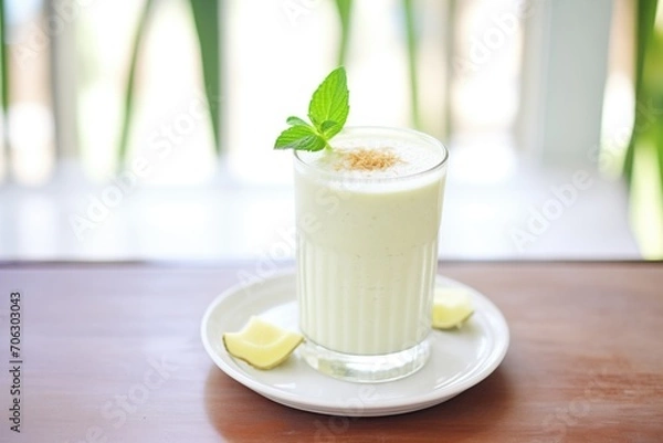 Fototapeta a frosty glass of coconut water smoothie adorned with a mint leaf