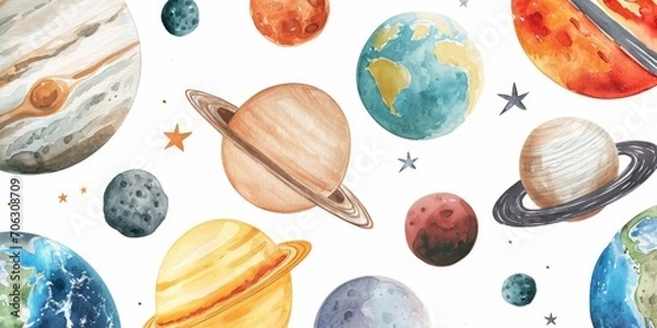 Fototapeta Colorful watercolor paintings of planets on a white background. This image can be used for educational materials, science-related projects, or as decorative artwork