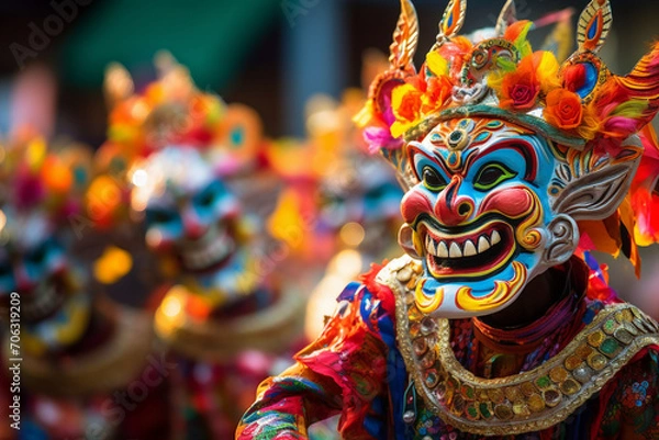 Fototapeta Generative AI picture of person adorned with facial tattoos in traditional mask celebrate indian festive event