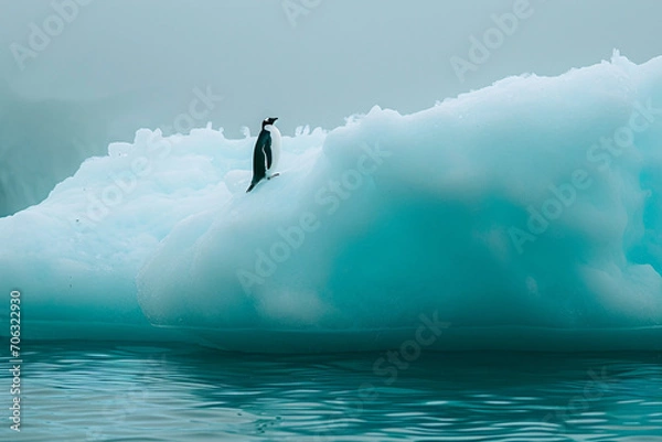 Obraz Lone Penguin on Pristine Iceberg Global Warming Effect